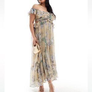 ASOS Curve Tiered Ruffle Off Shoulder Floral Dress